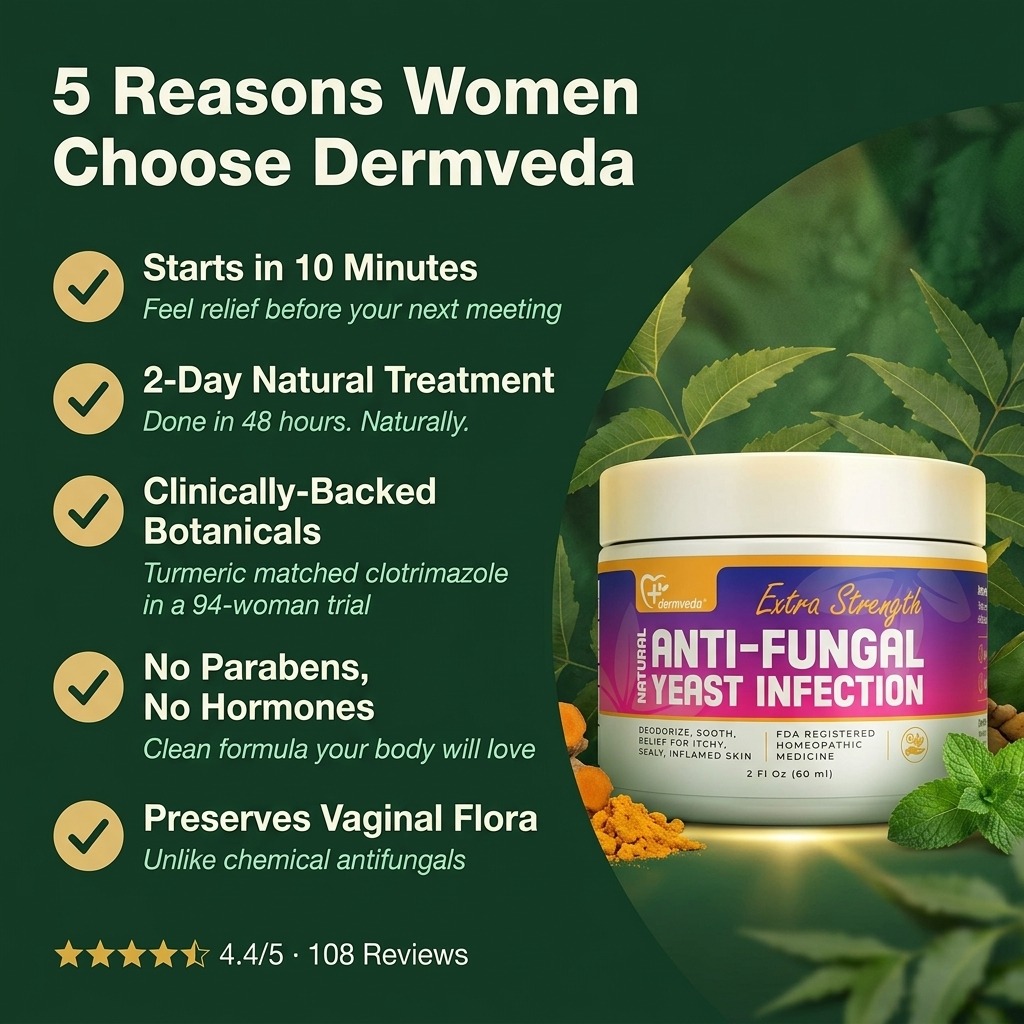 5 reasons women choose Dermveda natural yeast infection cream — starts in 10 minutes, 2-day treatment, clinically backed botanicals, no parabens or hormones, preserves vaginal flora