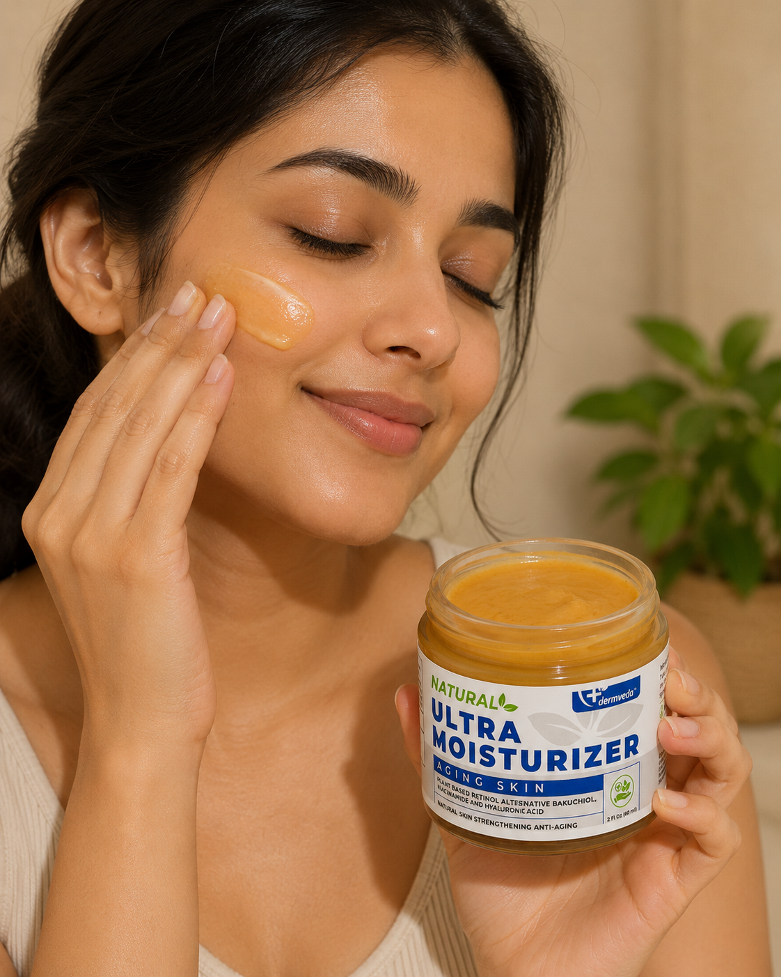 Model applying Ultra Moisturizer for Aging Skin while holding the jar