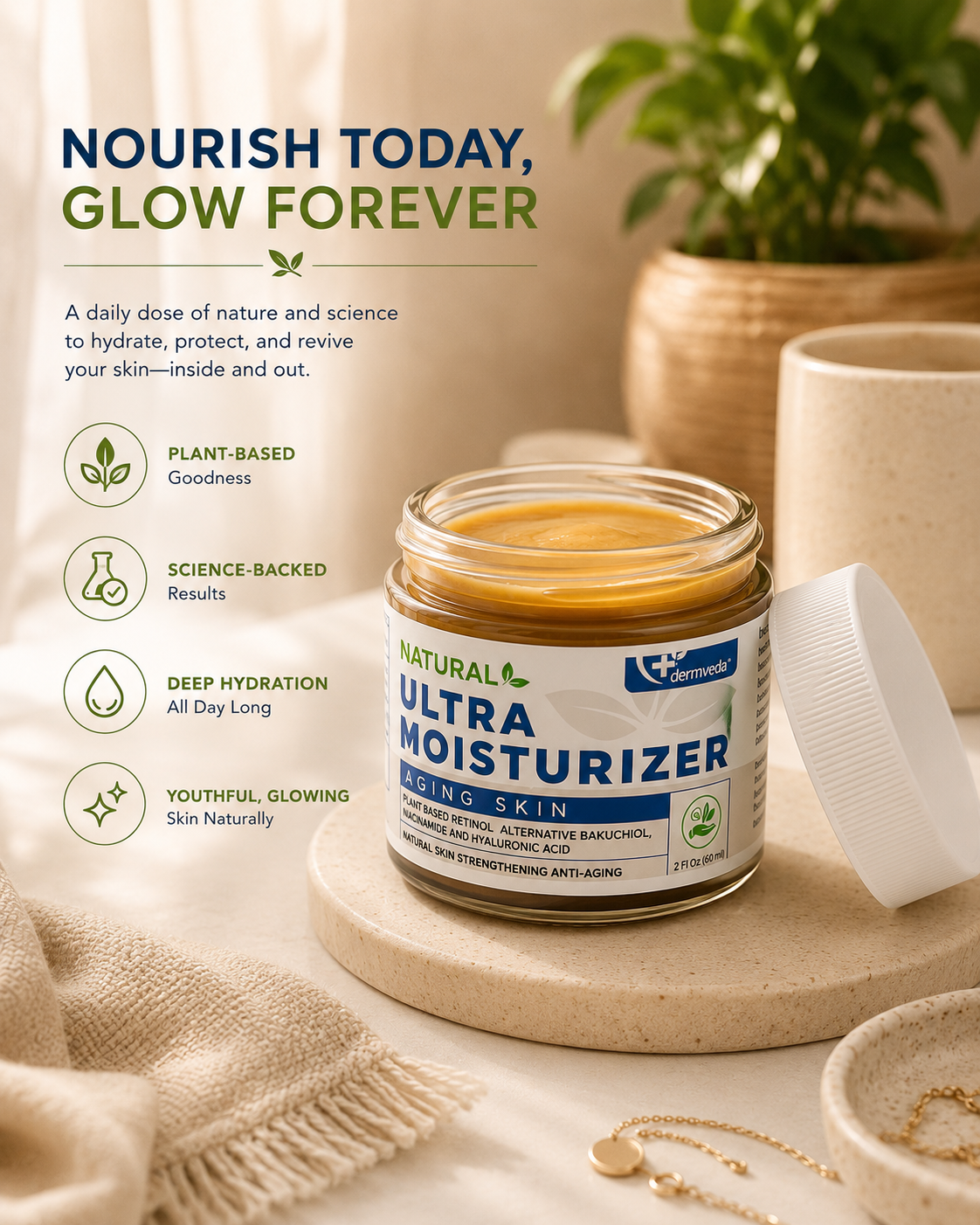 Natural Ultra Moisturizer for Aging Skin jar with Bakuchiol, Niacinamide and Hyaluronic Acid