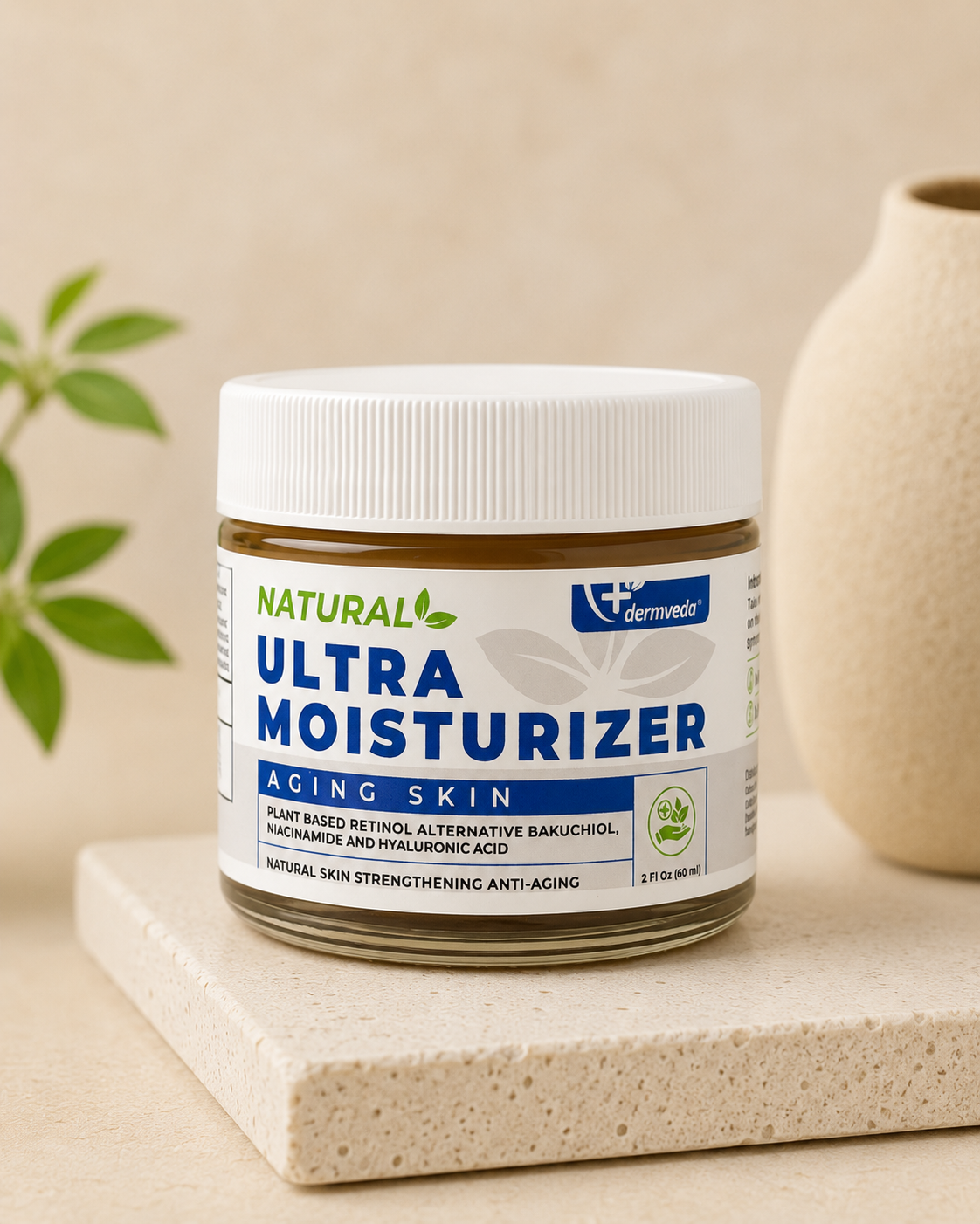 Ultra Moisturizer for Aging Skin jar styled on a stone pedestal