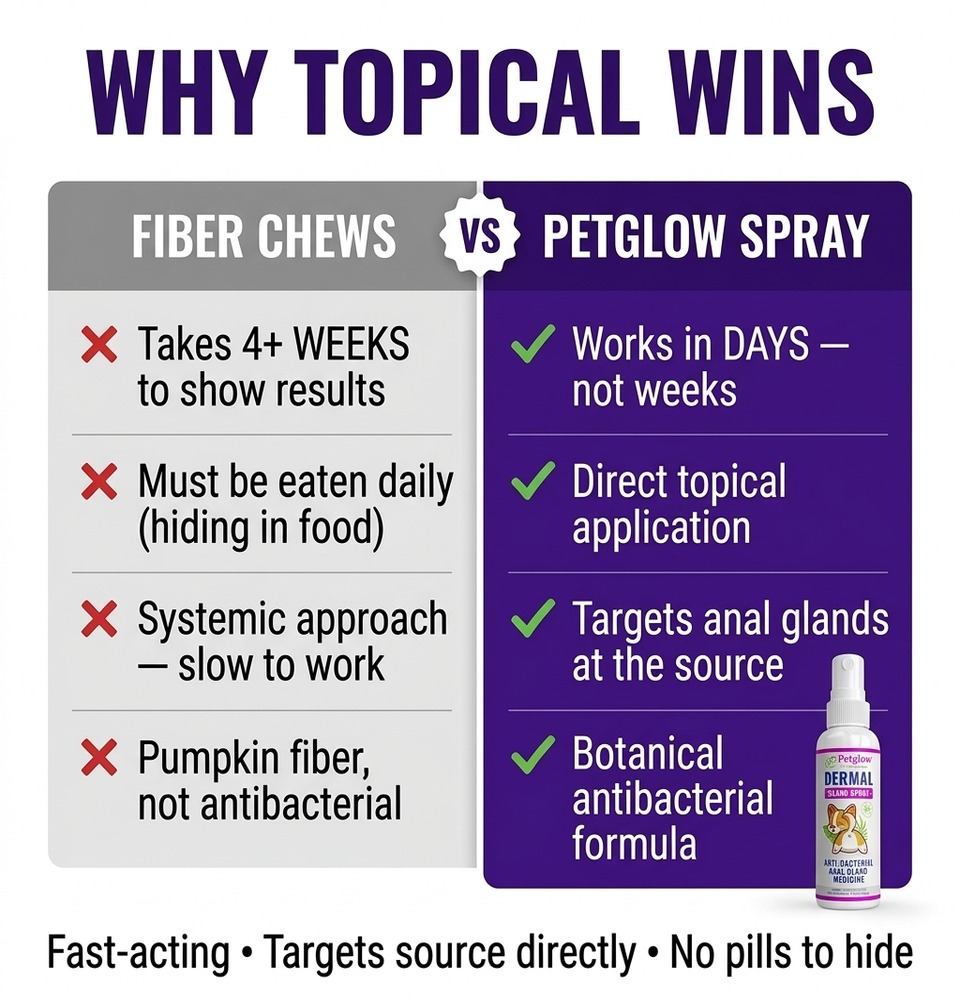 Petglow anal gland spray vs fiber chews comparison — works in days, direct topical application, targets glands at the source