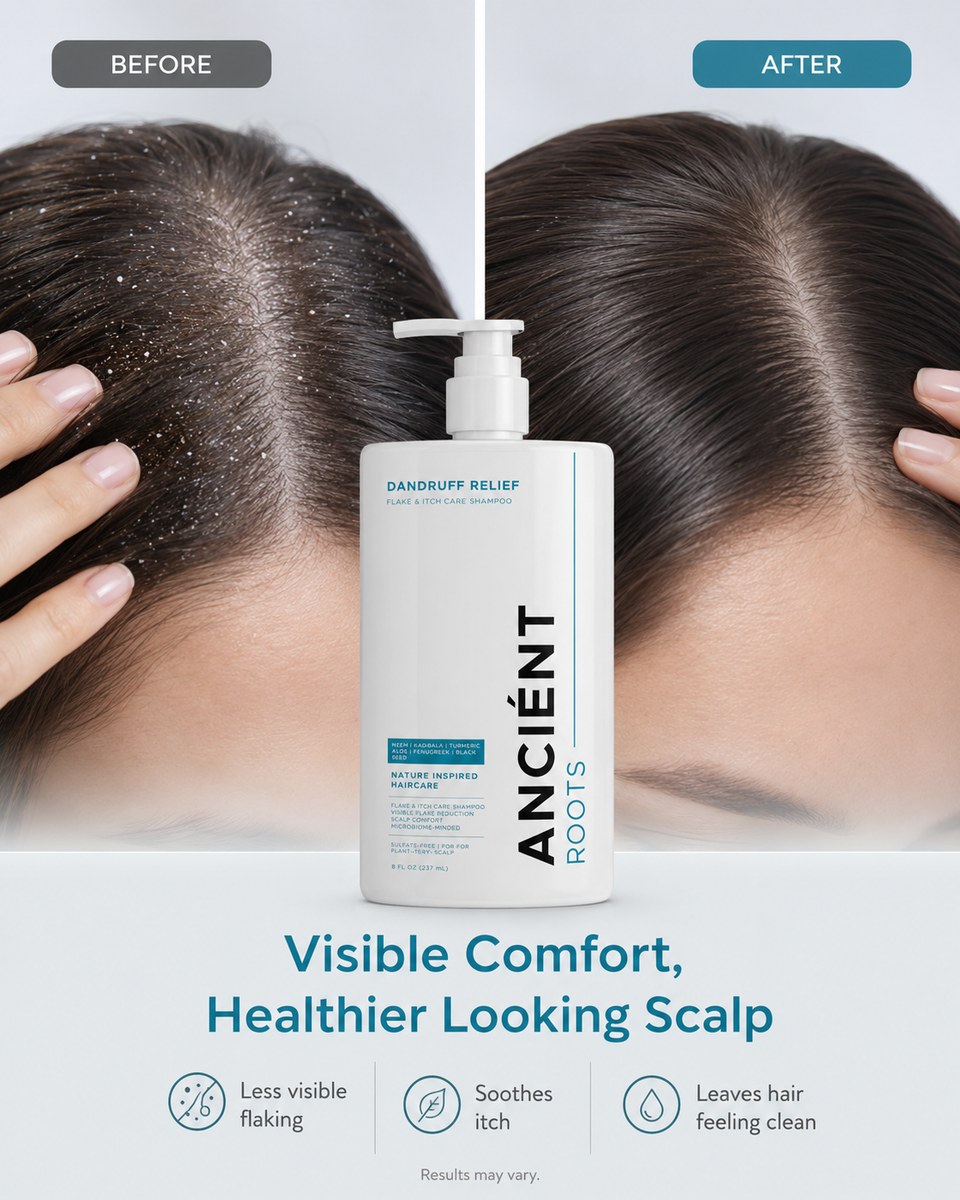 Before and after — visible reduction in scalp flaking with Ancient Roots Dandruff Relief Shampoo