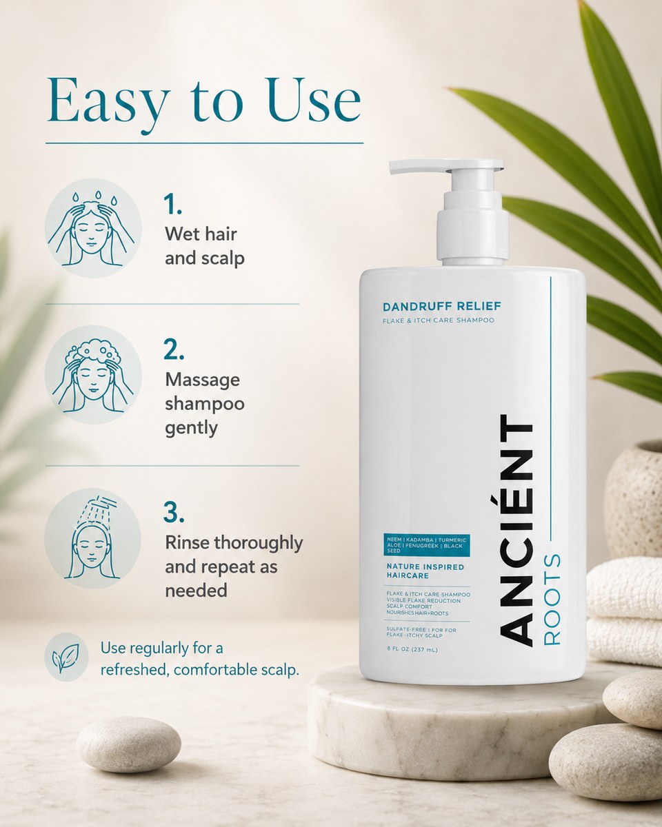 How to use Ancient Roots Dandruff Relief Shampoo — wet, massage, rinse