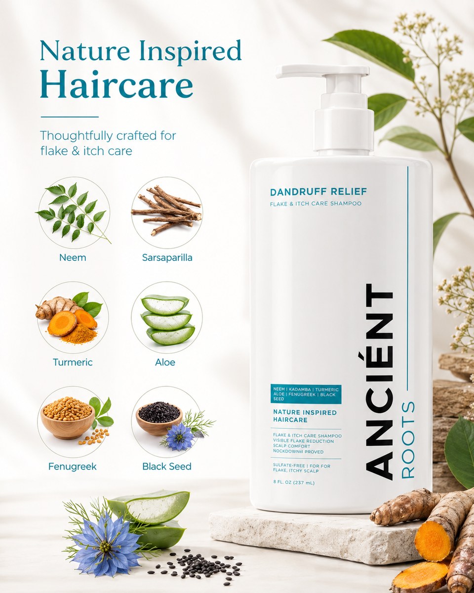 Ancient Roots dandruff shampoo ingredients — neem, sarsaparilla, turmeric, aloe, fenugreek, black seed