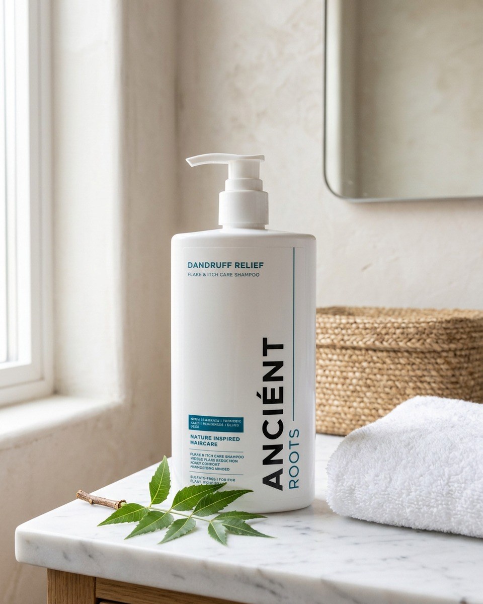 Ancient Roots Dandruff Relief Shampoo styled in a calm bathroom with neem leaves