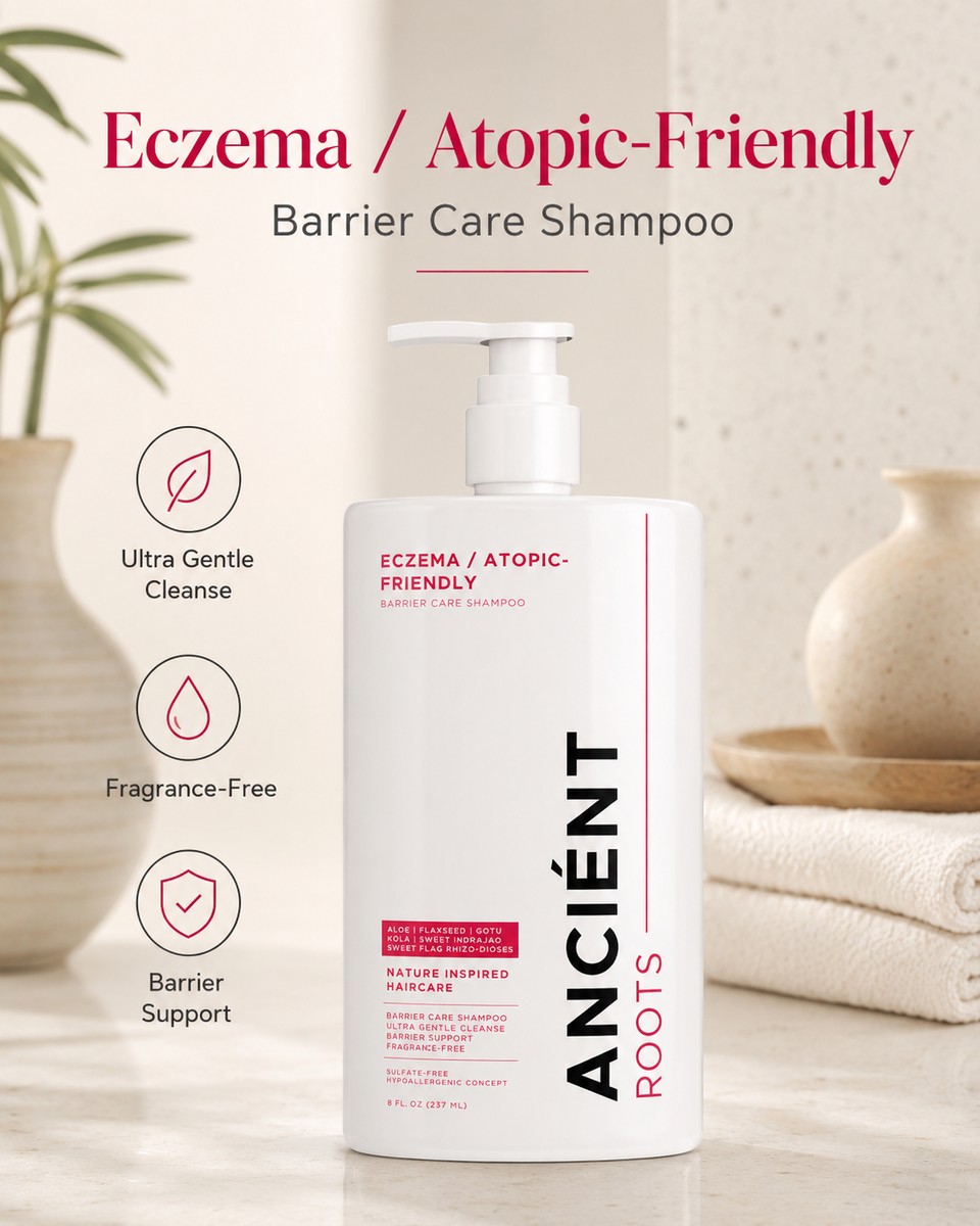 Benefits of Ancient Roots eczema shampoo — sulfate-free, fragrance-free, hypoallergenic concept