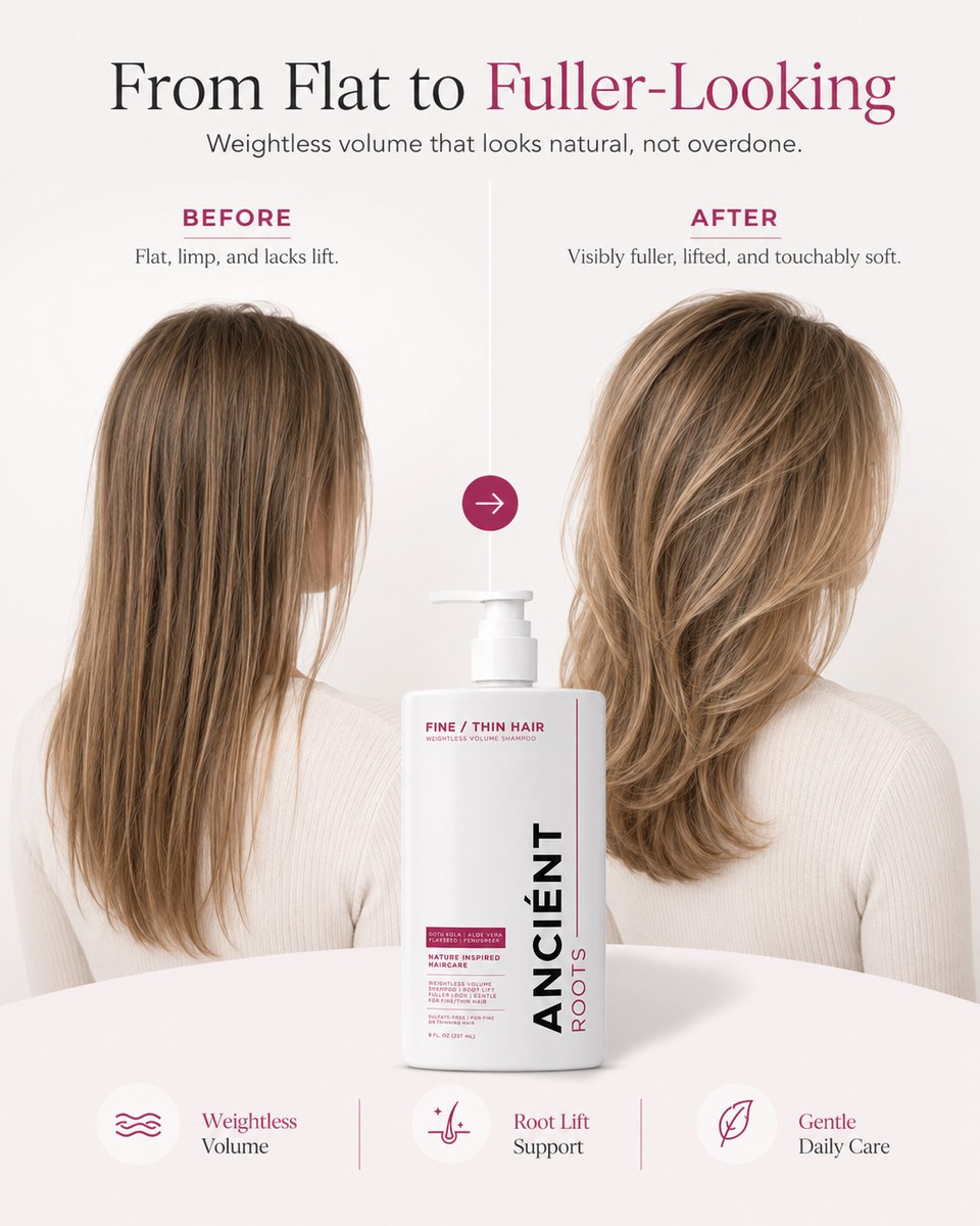 Before & after — flat limp hair to visibly fuller, weightless volume with Ancient Roots