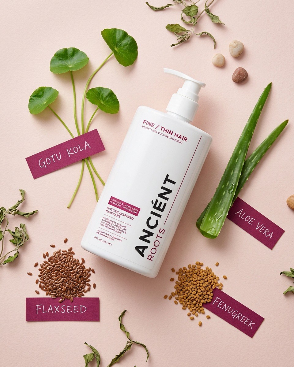 Ingredient flat-lay — Gotu Kola, Aloe Vera, Flaxseed and Fenugreek botanicals