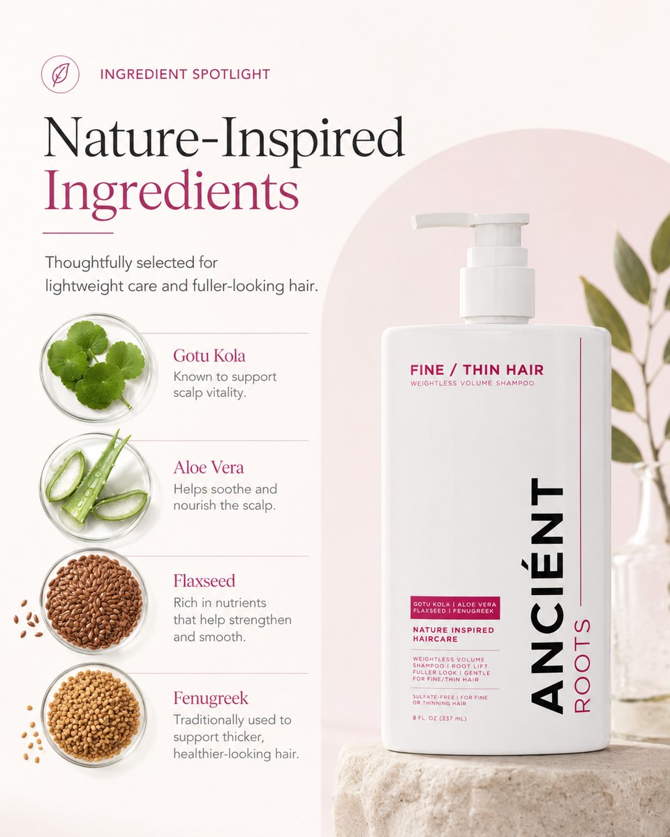 Nature-inspired ingredients — Gotu Kola, Aloe Vera, Flaxseed and Fenugreek for fine/thin hair