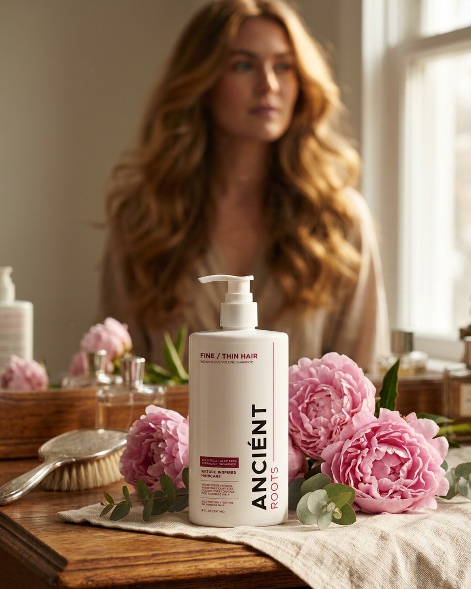 Softer, fuller-looking hair — model styled with Ancient Roots fine/thin hair shampoo