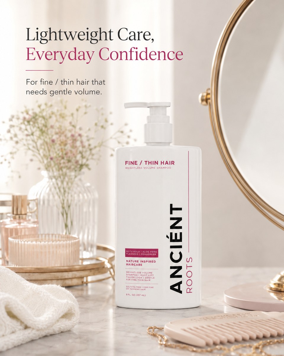 Lightweight everyday care — Ancient Roots Fine/Thin Hair Shampoo styled on a clean vanity