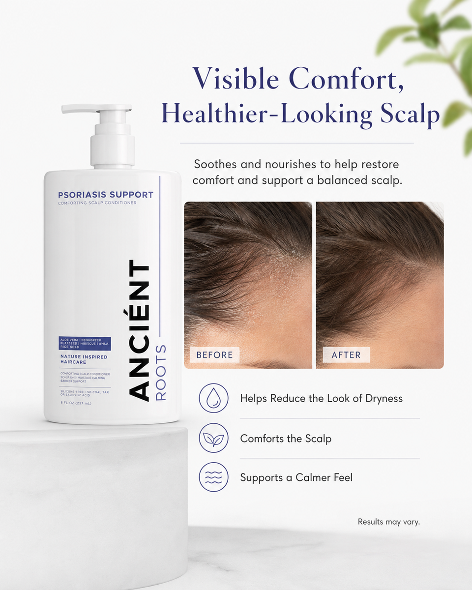 Visible comfort, healthier-looking scalp — before & after with Ancient Roots Psoriasis Conditioner