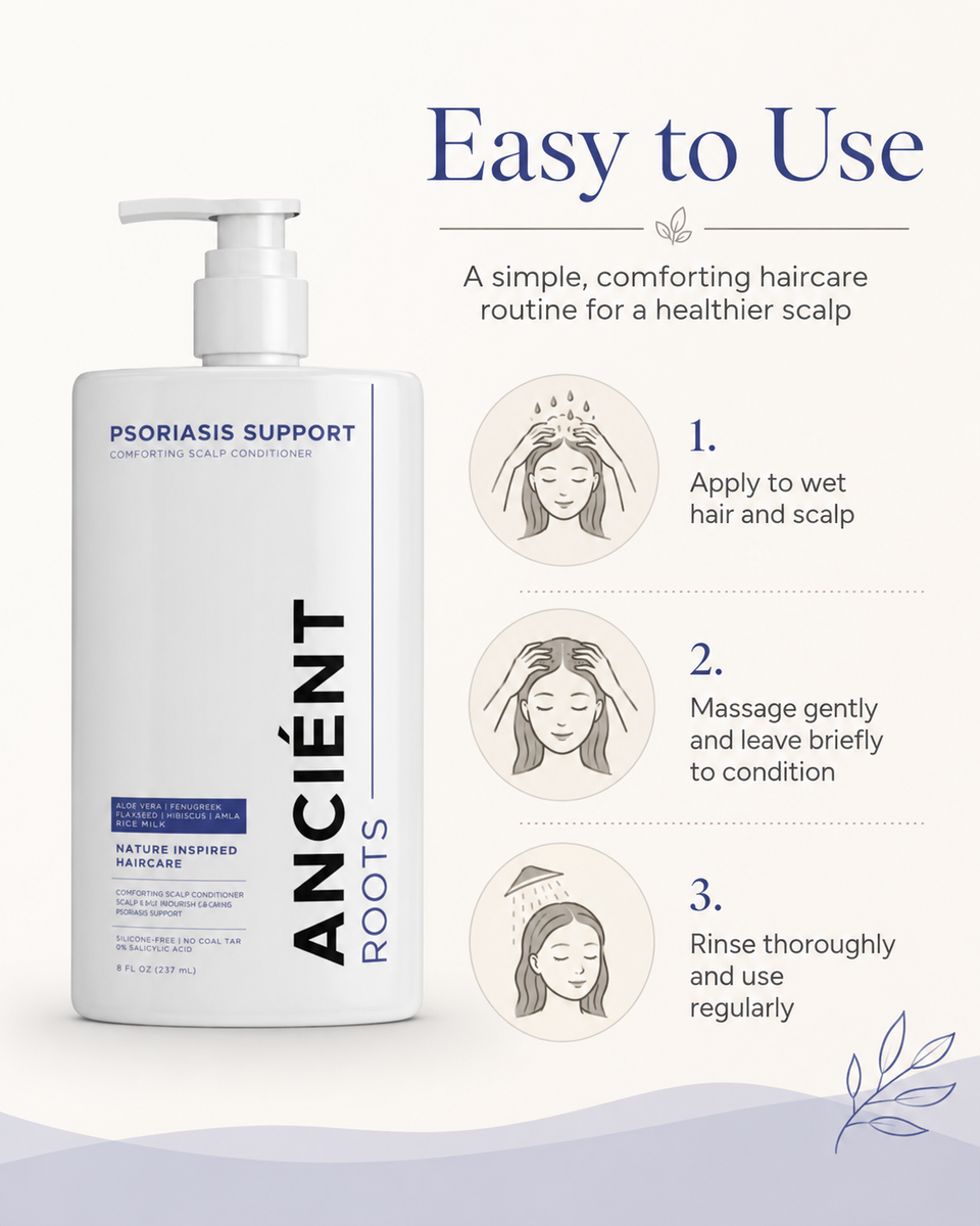 Easy to use — apply, massage, rinse with Ancient Roots Psoriasis Conditioner