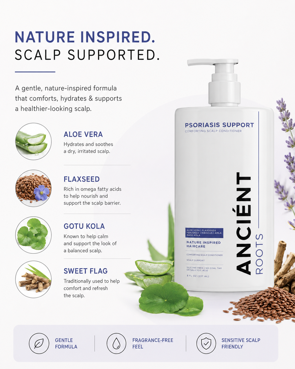 Ancient Roots psoriasis conditioner ingredients — aloe vera, flaxseed, gotu kola, sweet flag