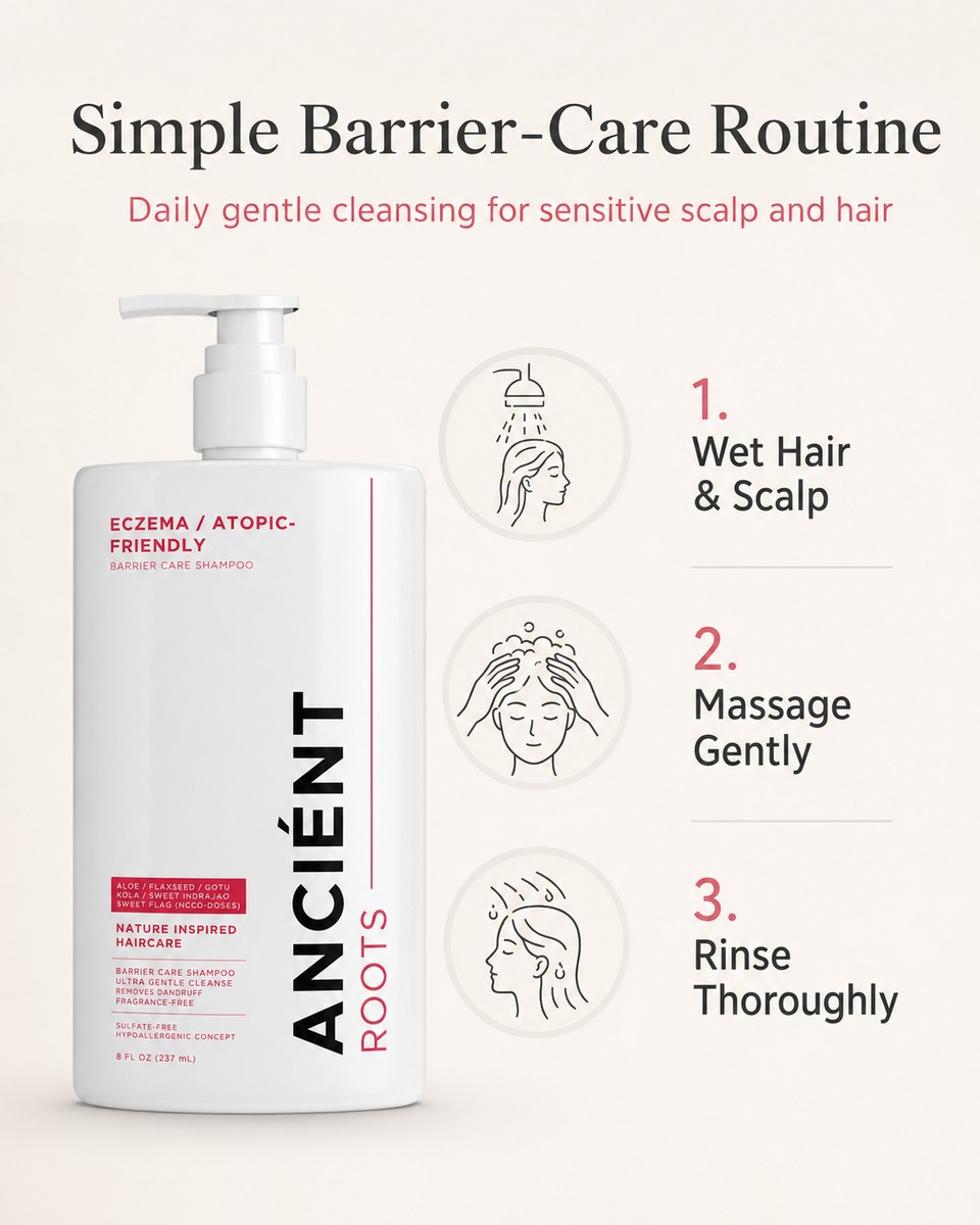 Ancient Roots shampoo back label & directions — apply, massage, rinse with lukewarm water