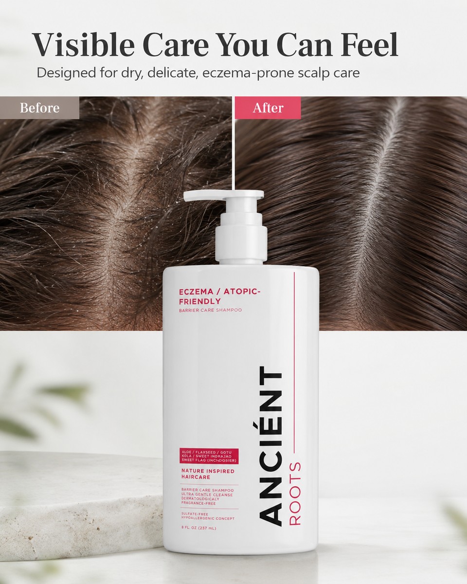 Ancient Roots shampoo made for reactive, atopic-prone scalps