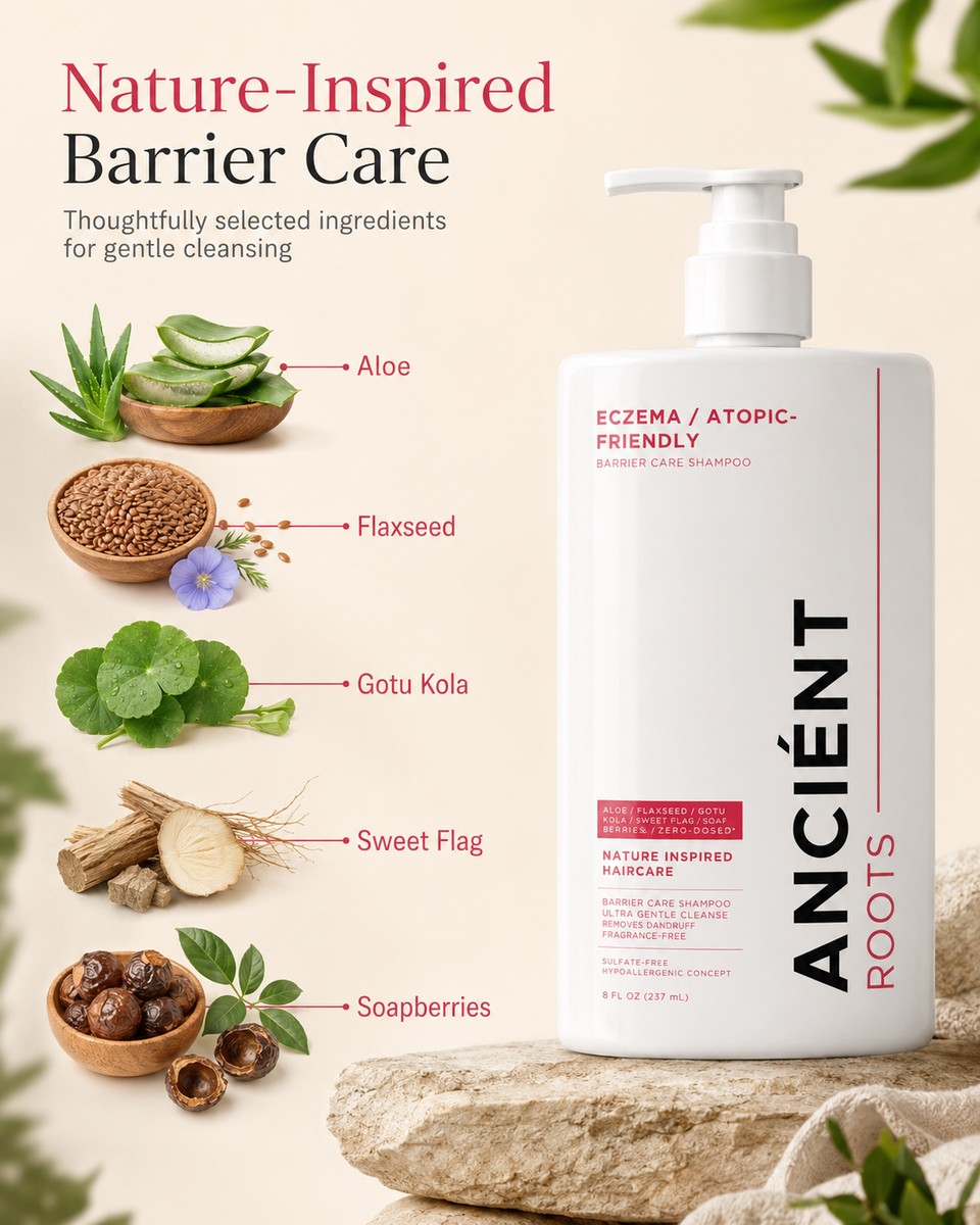 Ancient Roots shampoo ingredients — aloe vera, flaxseed, gotu kola, sweet indrajao, sweet flag
