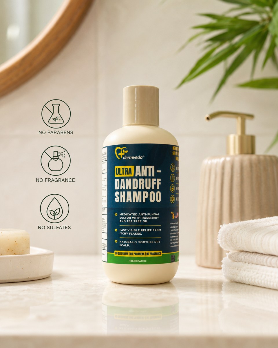 Dermveda anti-dandruff shampoo on a clean bathroom counter — no parabens, no fragrance, no sulfates