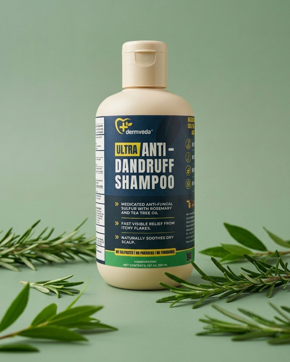 Dermveda Ultra Anti-Dandruff Shampoo bottle 12 fl oz — medicated sulfur with rosemary and tea tree oil