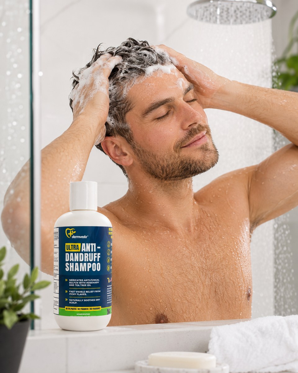 Man washing hair in the shower with Dermveda anti-dandruff shampoo — visible relief from flakes
