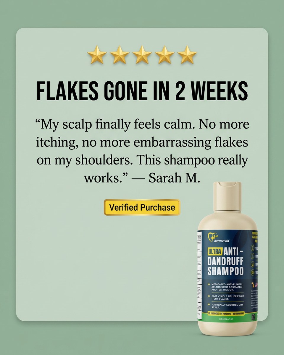 Verified 5-star review — flakes gone in 2 weeks with Dermveda anti-dandruff shampoo