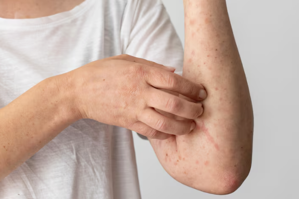 Person scratching an irritated arm with visible red marks