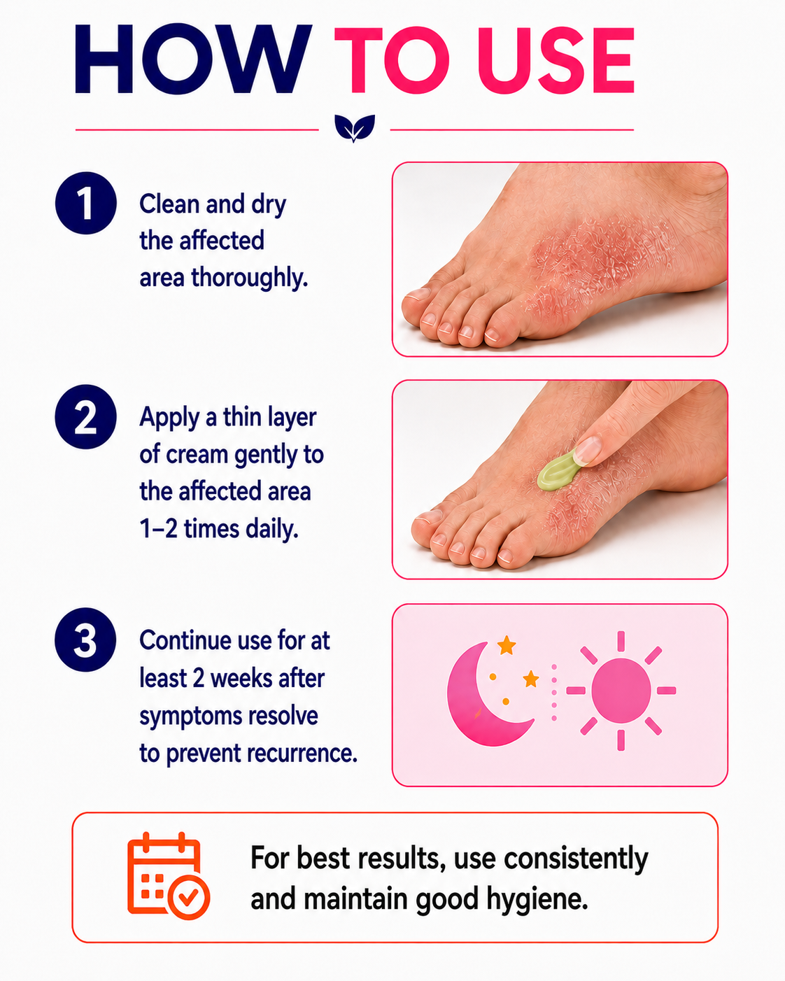 How to use Dermveda athlete's foot cream — clean and dry feet, apply a thin layer 1–2 times daily, continue 2 weeks