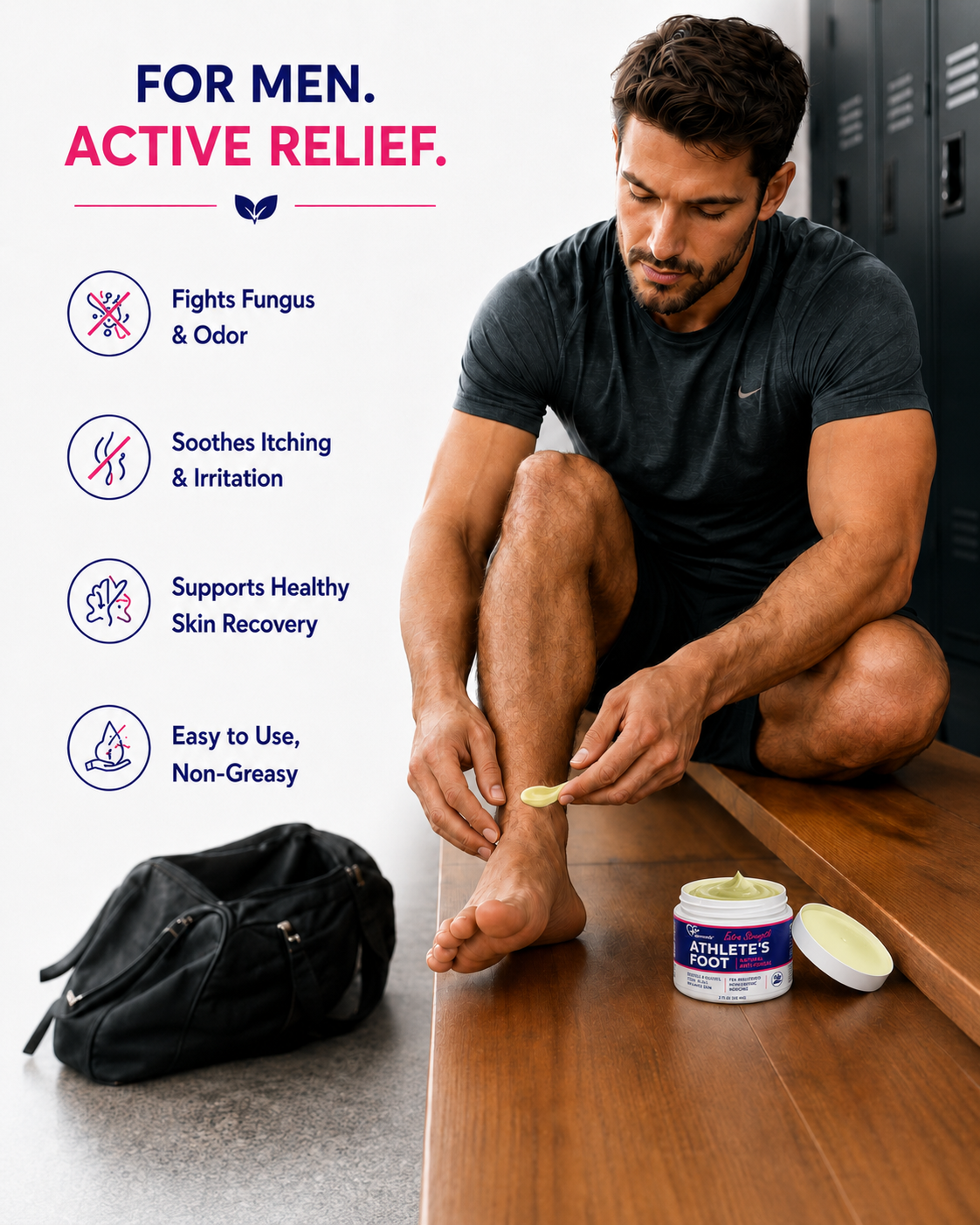 Man applying Dermveda athlete's foot cream in a locker room for active fungus and odor relief