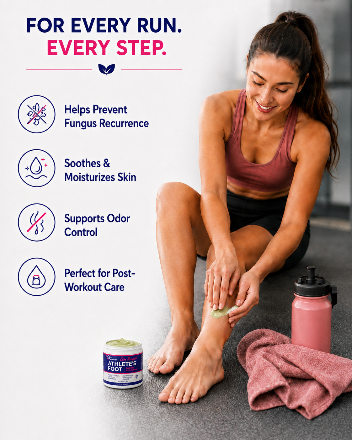 Woman applying Dermveda athlete's foot cream after a workout for soothing moisture and odor control