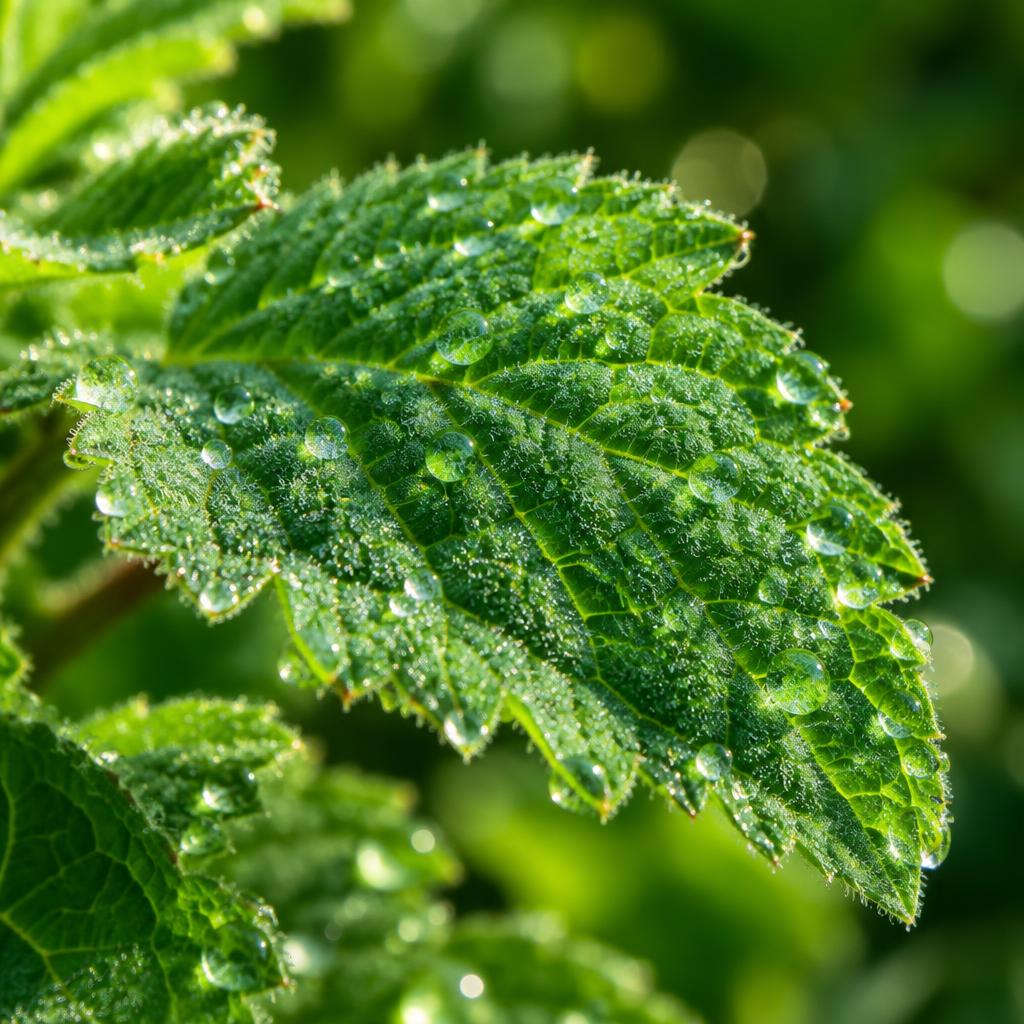 Macro of an Ayurvedic herb leaf with crystalline structures and morning dew