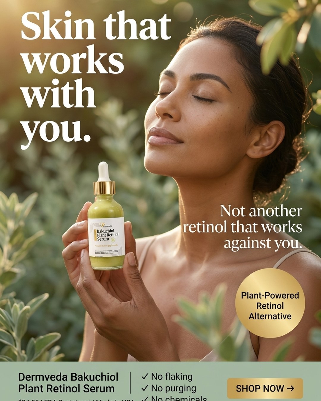 Woman holding Dermveda Bakuchiol Plant Retinol Serum outdoors — plant-powered retinol alternative, no flaking or purging