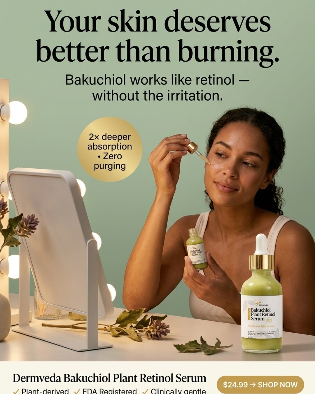 Dermveda Bakuchiol Plant Retinol Serum — works like retinol without the irritation, 2x deeper absorption, zero purging