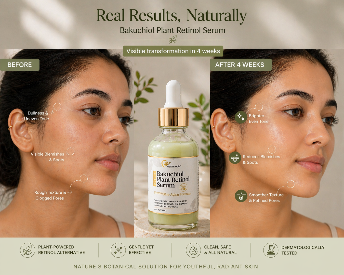 Before and after — visibly smoother, brighter skin in 8 weeks of bakuchiol serum
