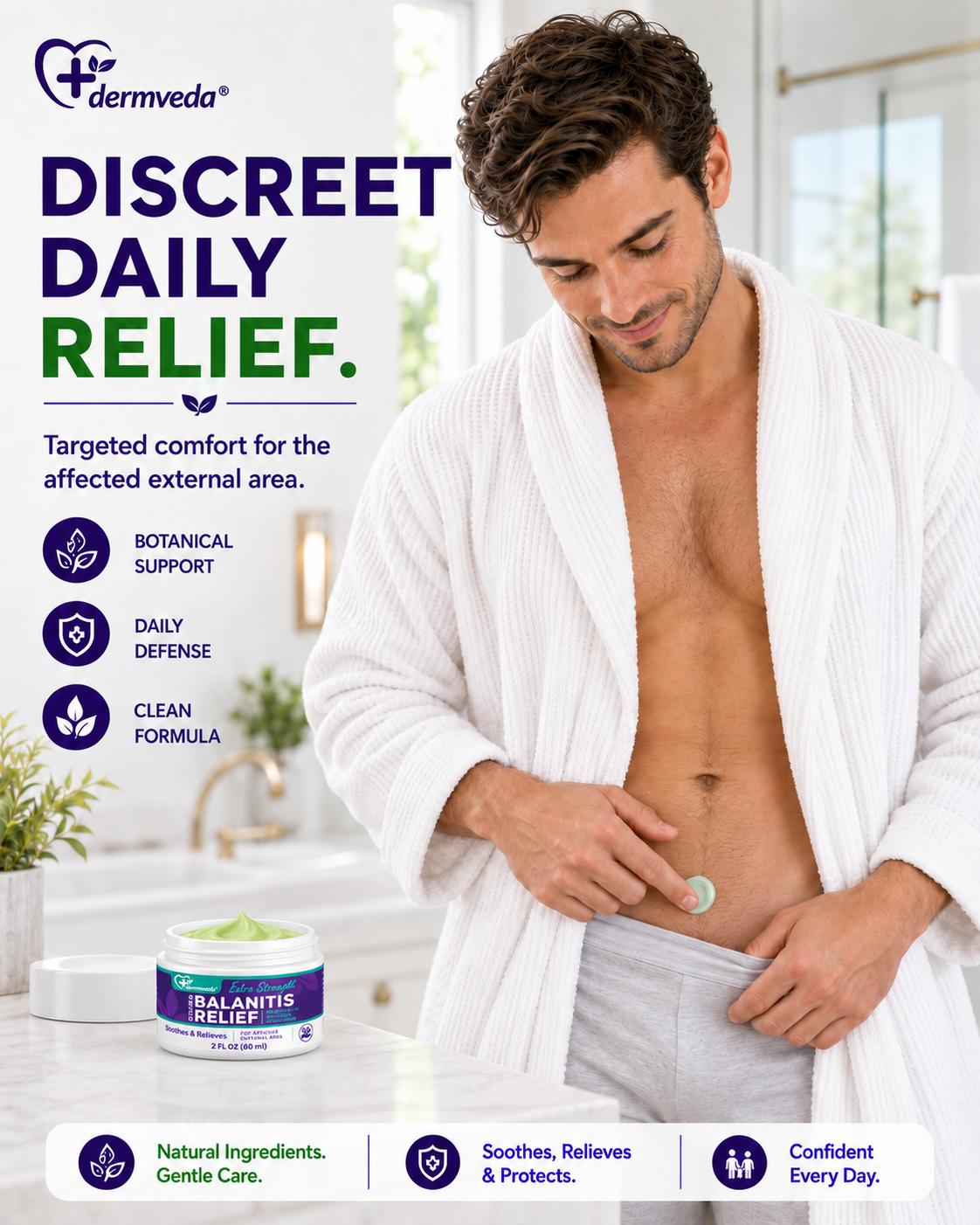 Man applying Dermveda balanitis relief cream as part of a daily routine — natural anti-yeast support and gentle care