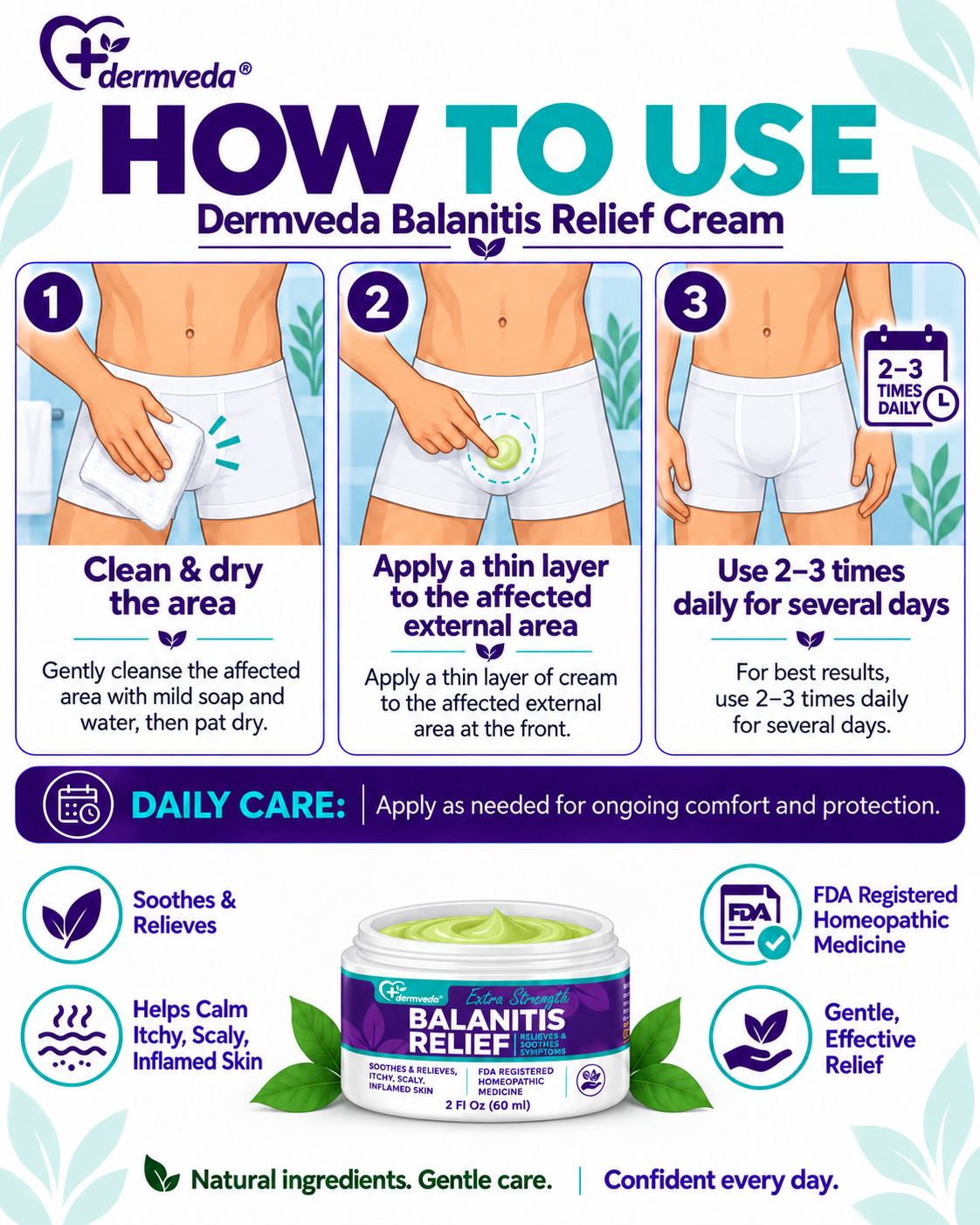 How to use Dermveda balanitis cream — clean and dry the area, apply a thin layer, use 2 to 3 times daily