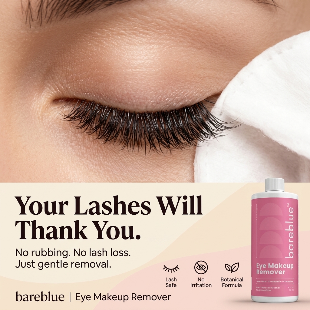 Bareblue lash-safe eye makeup remover gentle on eyelashes with no rubbing, no irritation and botanical formula