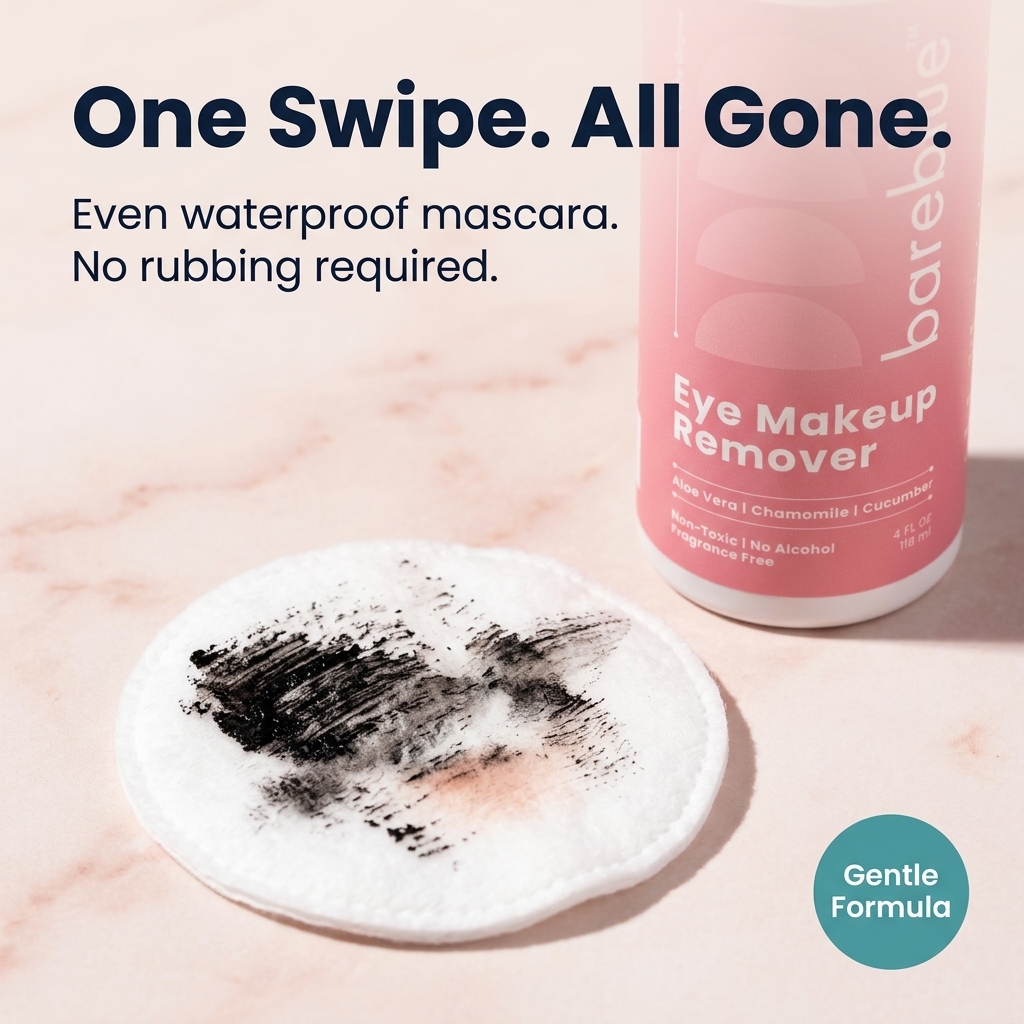 Bareblue oil-free eye makeup remover one swipe proof removing waterproof mascara from a cotton pad