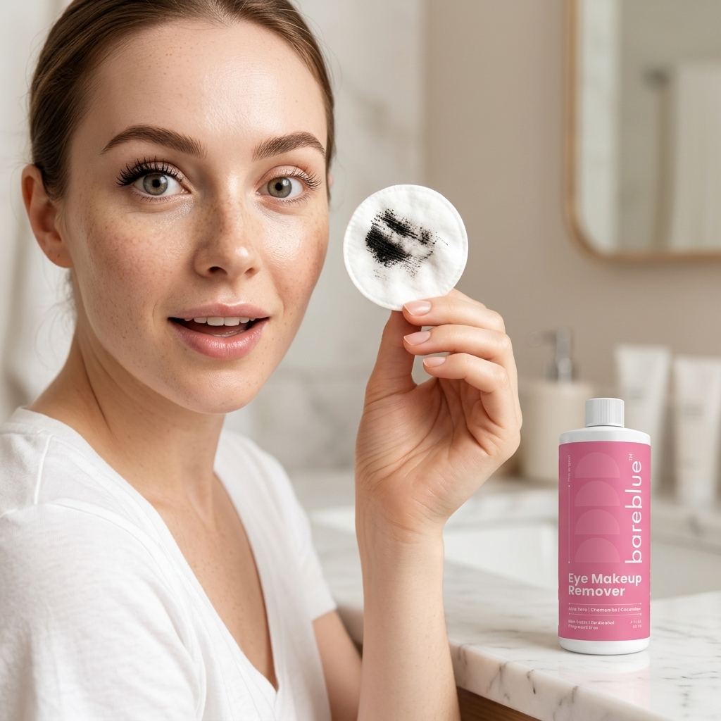 Customer showing waterproof mascara removed with Bareblue oil-free eye makeup remover