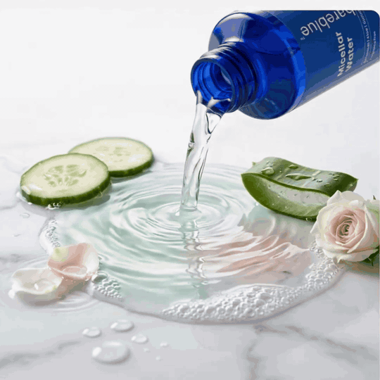 Bareblue Micellar Cleansing Water pouring beside cucumber, aloe vera and rose botanicals