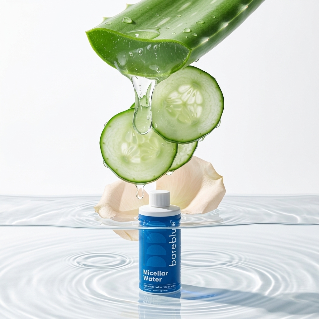 Bareblue Micellar Cleansing Water bottle surrounded by aloe vera, cucumber slices and a rose petal in water