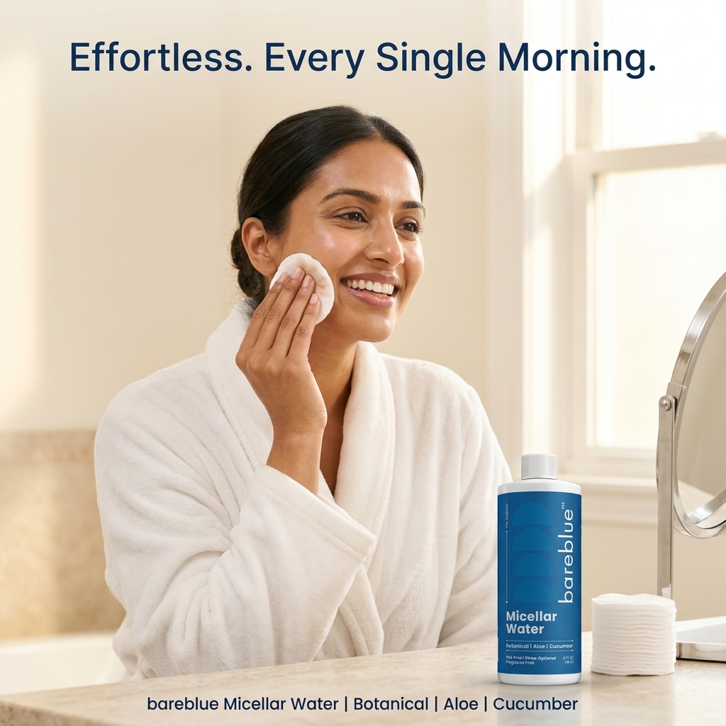 Woman using Bareblue Micellar Cleansing Water with a cotton pad