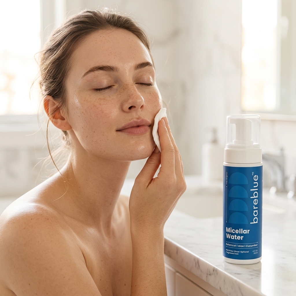 Person with fair skin and freckles wiping their cheek with a cotton pad beside a Bareblue Micellar Water bottle on a marble bathroom counter