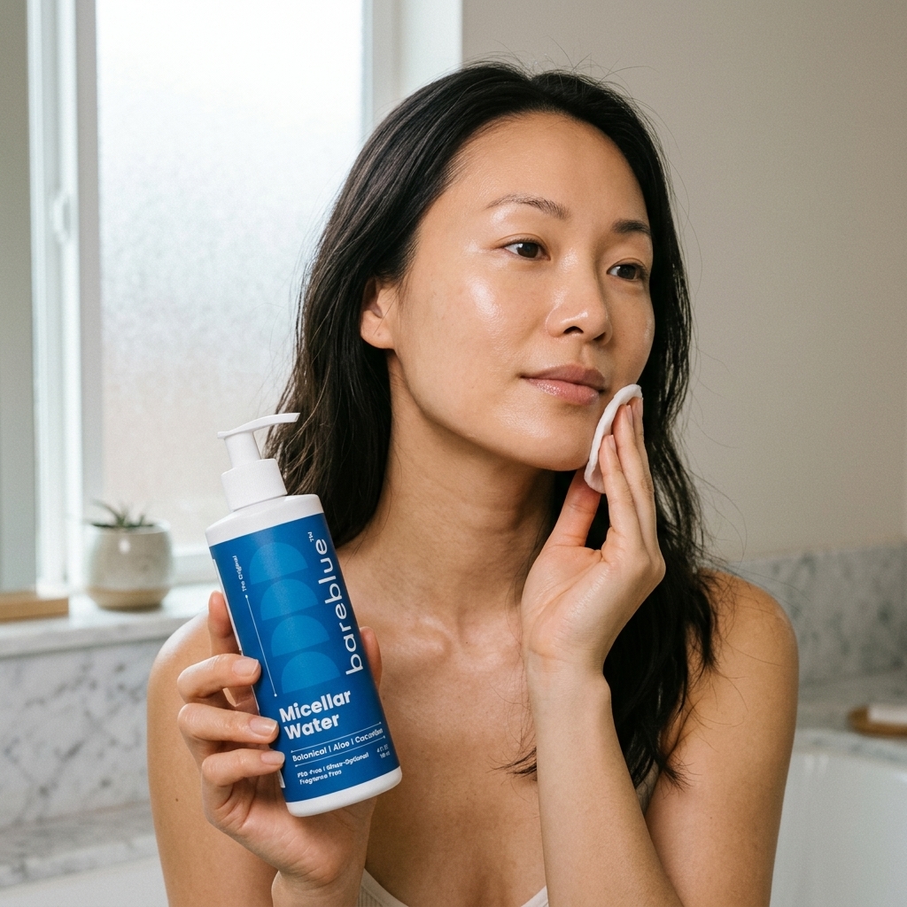 Person with light-to-medium skin tone holding Bareblue Micellar Water while cleansing their jawline with a cotton pad in a marble bathroom