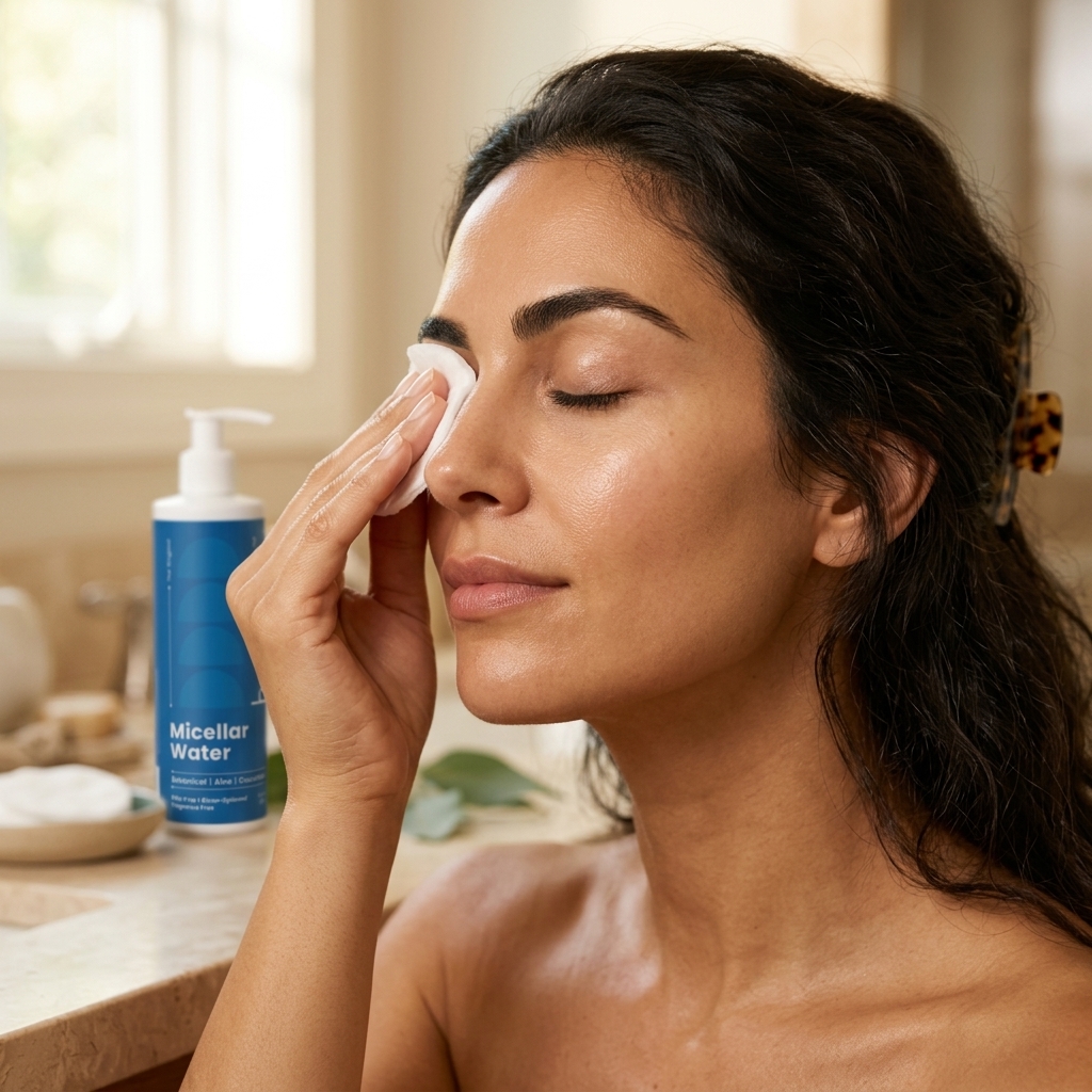 Person with medium skin tone gently wiping their eye area with a cotton pad next to a Bareblue Micellar Water bottle on a stone counter