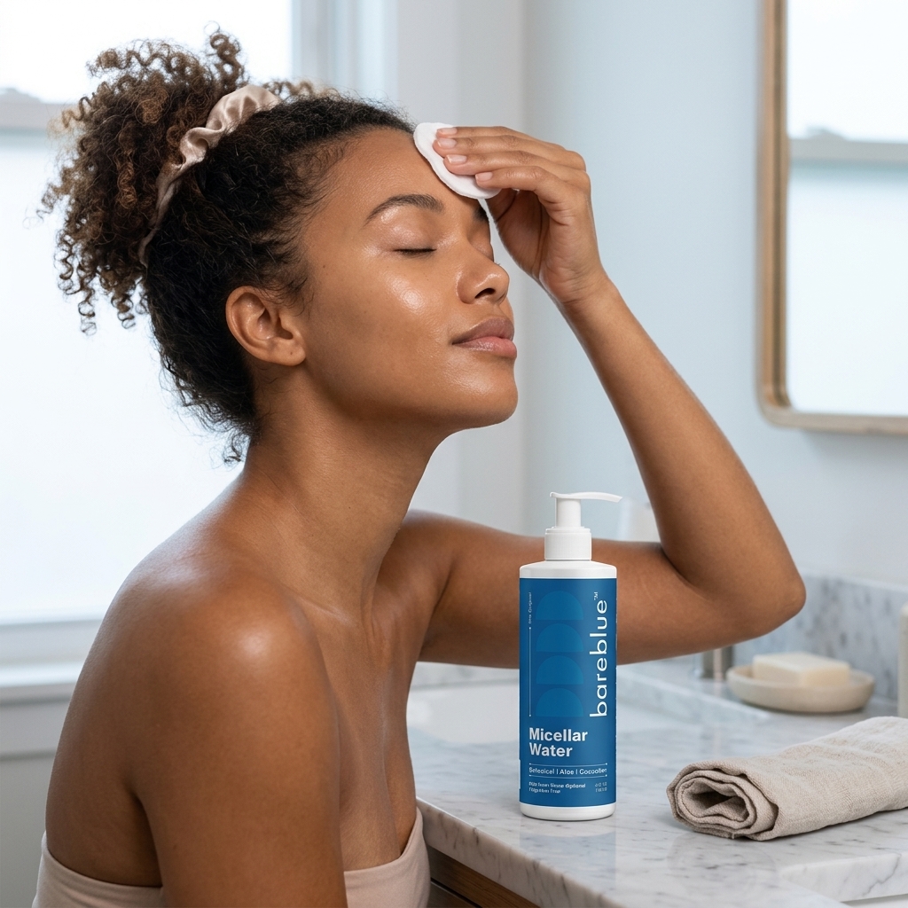 Person with medium-to-dark skin tone and curly hair tied back cleansing their forehead with a cotton pad beside Bareblue Micellar Water
