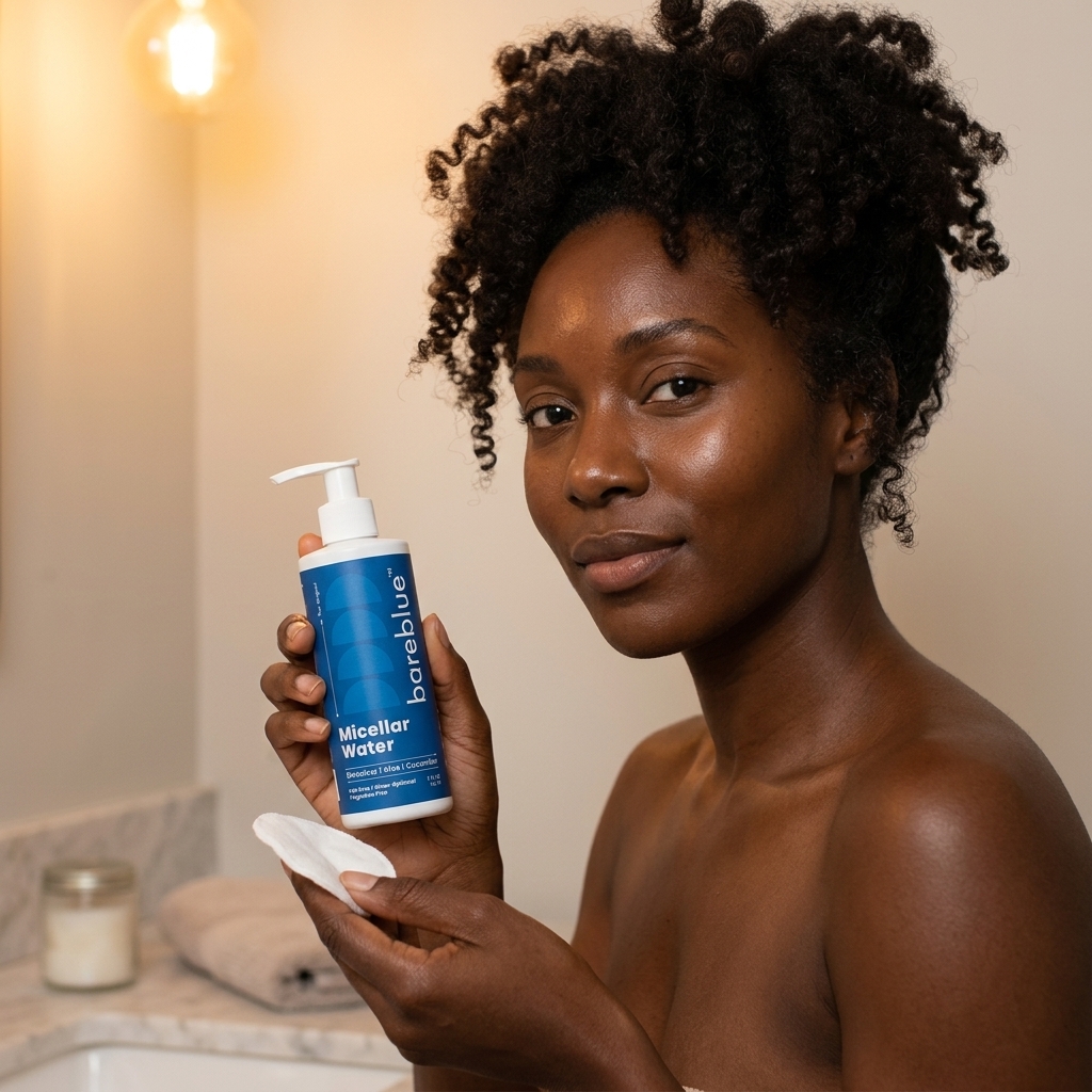 Woman with deep skin tone holding a Bareblue Micellar Water bottle and a cotton pad in a warmly lit bathroom