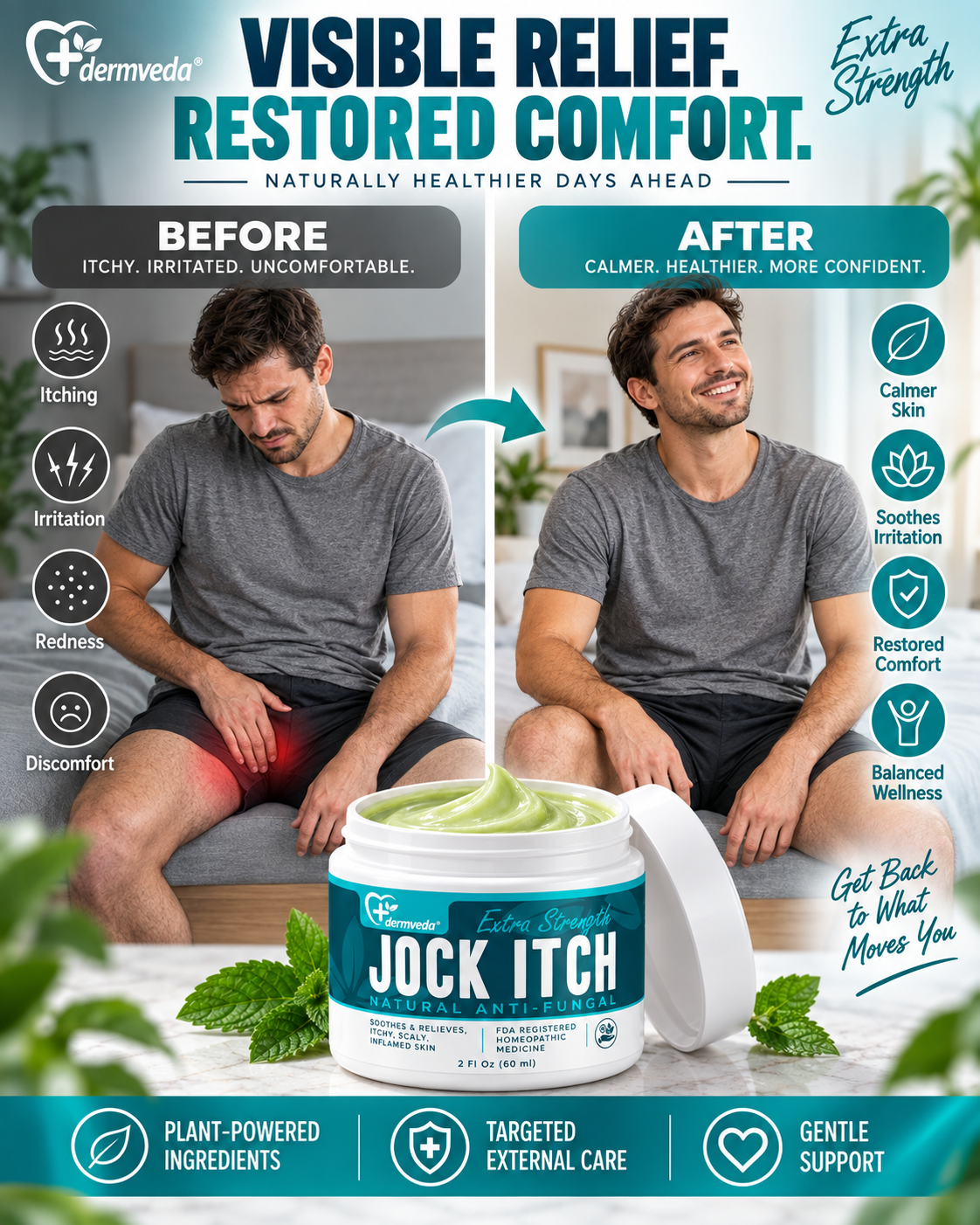 Visible relief, restored comfort — before and after using Dermveda Jock Itch Cream