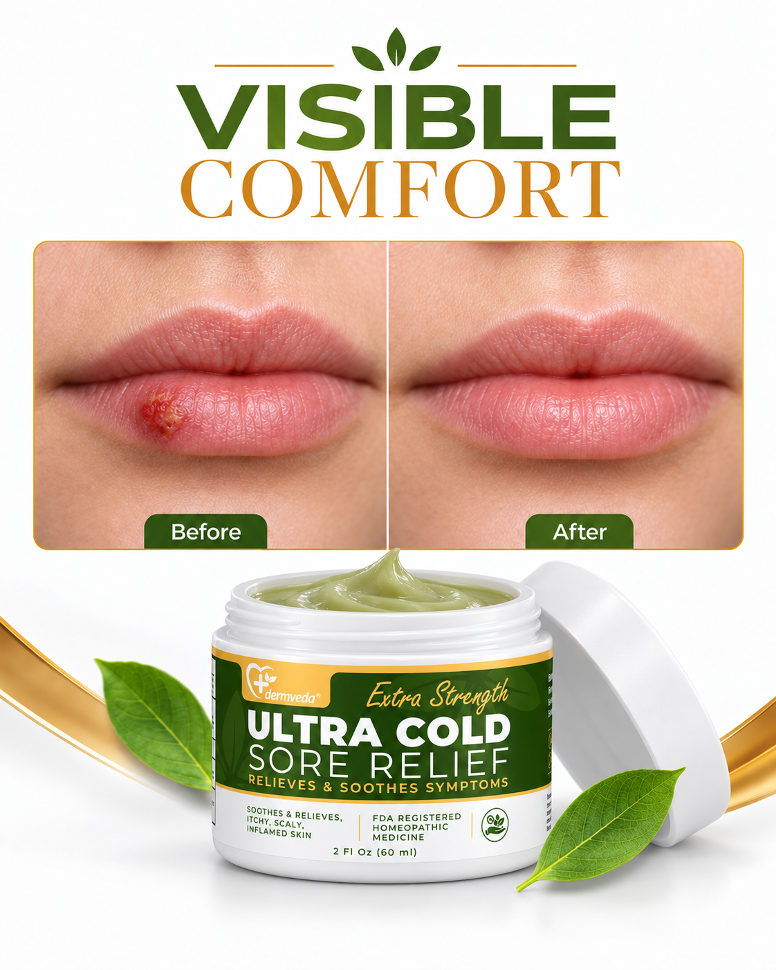 Cold sore before and after — visible comfort