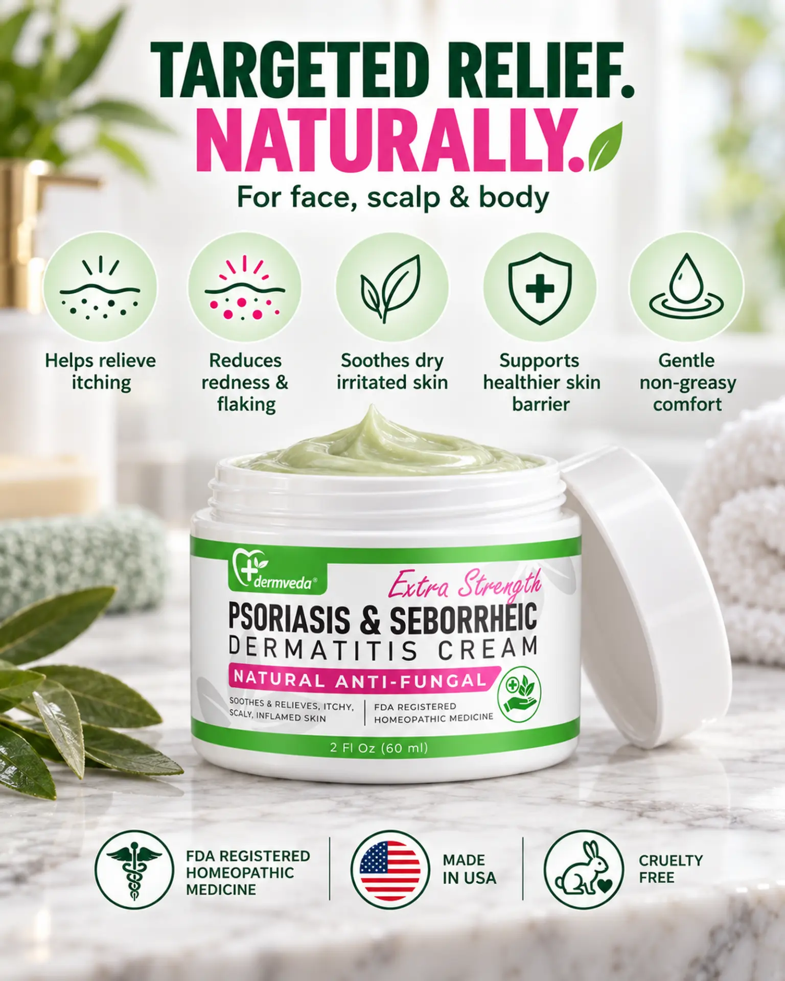 Targeted relief naturally — helps relieve itching, redness and flaking for face, scalp and body