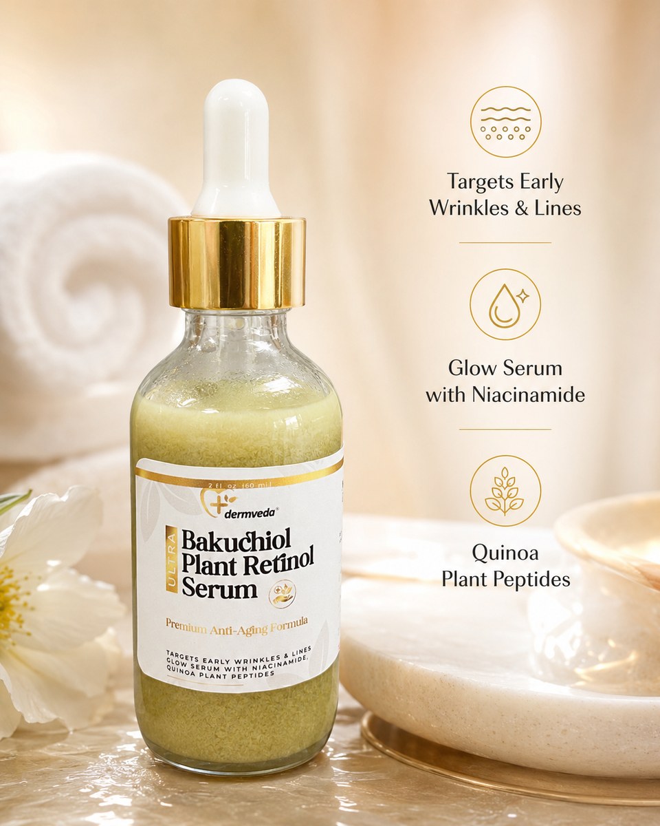 Bioretinol Bakuchiol Face Serum benefits — targets early wrinkles, glow with niacinamide, quinoa plant peptides